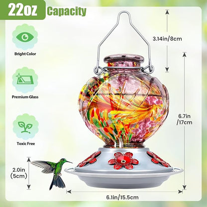BOLITE Hummingbird Feeder, Hand Blown Glass Hummingbird Feeders for Outdoors Hanging, with Ant Moat and 5 Feeding Ports, 22 Ounces, Peony Flower Shape, Purple, Gifts for Women Men, Gifts for Mom Dad
