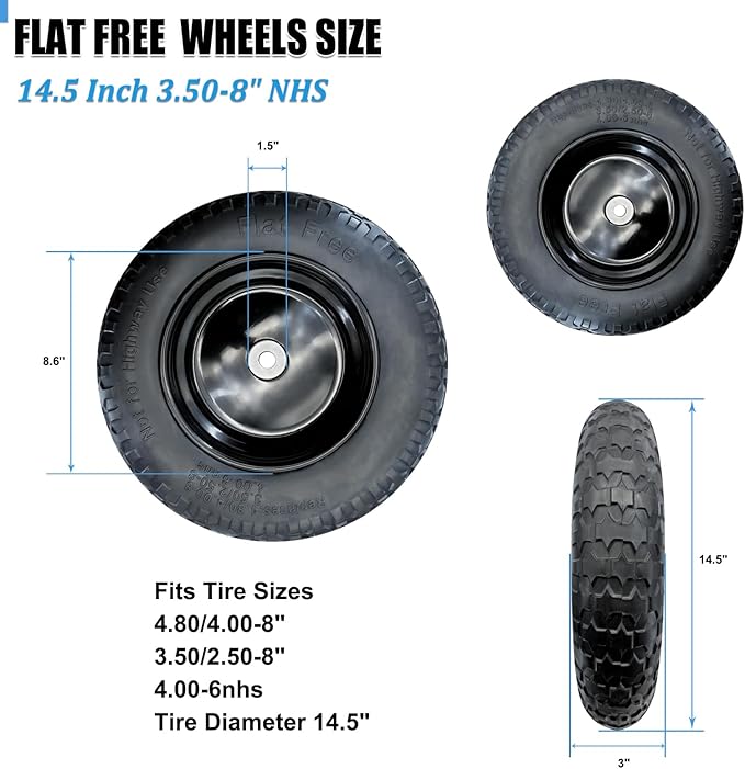 2-Pack of 3.50-8 Wheels,14.5" Flat Free Tires,Steel Rim,5/8" or 3/4"Axle Bore Hole,3”-6" Centered Hub,13"-16" Universal Fit Tire for Wheelbarrow,Hand Truck,Garden and Utility Carts, Trolleys and More