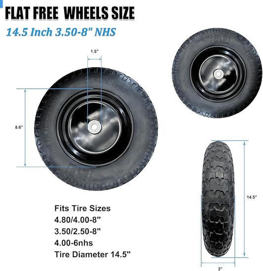 2-Pack of 3.50-8 Wheels,14.5" Flat Free Tires,Steel Rim,5/8" or 3/4"Axle Bore Hole,3”-6" Centered Hub,13"-16" Universal Fit Tire for Wheelbarrow,Hand Truck,Garden and Utility Carts, Trolleys and More