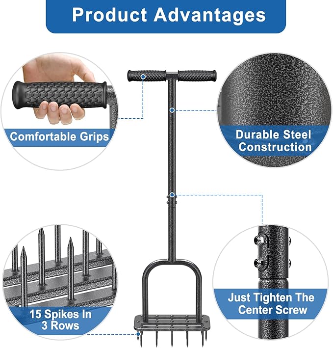 BeneLabel Lawn Aerator Spike Manual Tool with 15 Metal Spikes Grass Aerators for Yard with Wide Foot Plate & Soft Rubber T-Handle Revives Lawn Health, Loosening Soil