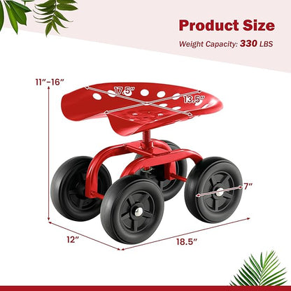 Rolling Garden Seat, Garden Cart with 360° Swivel Work Seat & Adjustable Height, Heavy Duty Garden Seat with Wheels for Lawn Yard Patio Greenhouse Planting Cleaning (Red)