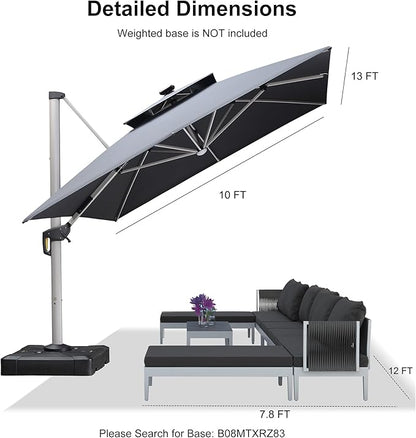 PURPLE LEAF 10' X 13' Double Top Deluxe Solar Powered LED Rectangle Patio Umbrella Offset Hanging Umbrella Outdoor Cantilever Umbrella, Grey