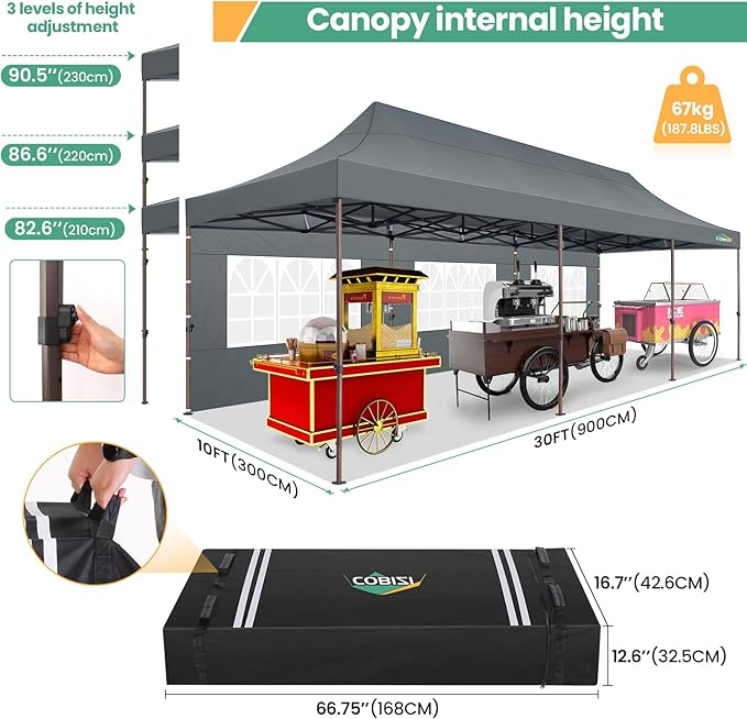 COBIZI 10x30 Heavy Duty Pop Up Canopy with 8 Sidewalls and Hexagonal Legs, Easy up Tent for Parties, Wedding and Commercial, Outdoor Canopy with Carry Bag, Sand Bags, Waterproof & UPF50+ (Gray)
