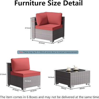 Outdoor Patio Furniture Set, 14 Pieces Outdoor Furniture All Weather Patio Sectional Sofa PE Wicker Modular Conversation Sets with Coffee Table,12 Chairs & Seat Clips(Red)