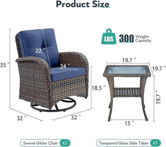Outdoor Swivel Glider Rocker Chairs - 3 Piece Patio Furniture Set, Patio Bistro Sets with Tempered Glass Side Table, for Balcony, Porch - Brown Wicker, Blue Cushion