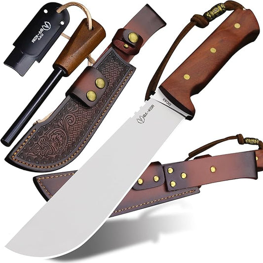 BA-KOR USA 8mmDC53 steel 35CM (14 ") full Tang fixed knife with leather sheath and (5.9 ") ceria ignition head, suitable for outdoor hunting, camping, clearing, adventure, fishing, EDC, BBQ (BA-K0a(8mm))