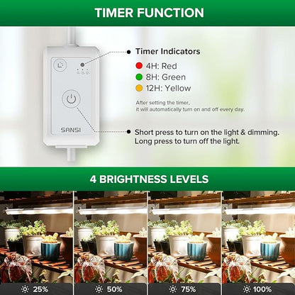 SANSI T8 Grow Lights for Indoor Plants, 2FT 4000K Full Spectrum, 25W (195W Equivalent) LED Grow Light Strips with 4-Level Dimmable, Auto On Off 4 8 12 Hrs Timer, IP54 Waterproof for Seed Starting