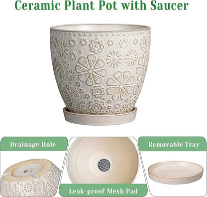 6.9 Inch Plant Pot with Drainage Hole and Saucer Ceramic Planter for Indoor Plant Flower Pot for Orchid Succulents Plants White