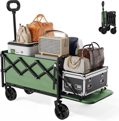 Collapsible Wagon with Wheels & Tailgate, 350LBS Wagons Carts Foldable Heavy Duty, Lightweight Portable Folding Utility Wagon Grocery Shopping Cart for Garden, Camping, Beach (Green)