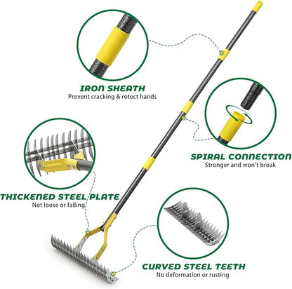 Thatch Rake,70 Inch Heavy Duty Lawn Thatching with Adjustable Stainless Steel Handle,Multiple Garden Rake for Leaves,Lawn Loosening Soil,Backyard,Garden