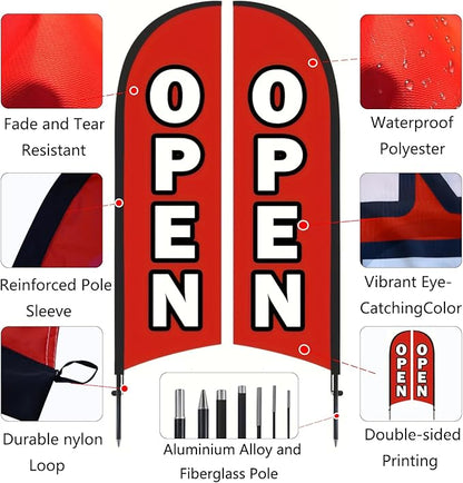 Open Flags for Businesses, 9.18FT Double-Sided Outdoor Advertising Swooper Banner with Pole Kit & Ground Stake – Tear-Resistant Polyester Feather Flag for Shops, Events & Promotions