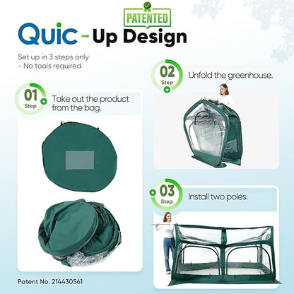 Quictent Premium Greenhouse with Screen Window, Portable Fast-up Plant Greenhouses for Outdoors with Heavy Duty Pop-up Fiberglass Frame Durable Waterproof Cover, 98.4x49.2x52.8 Inch, Green