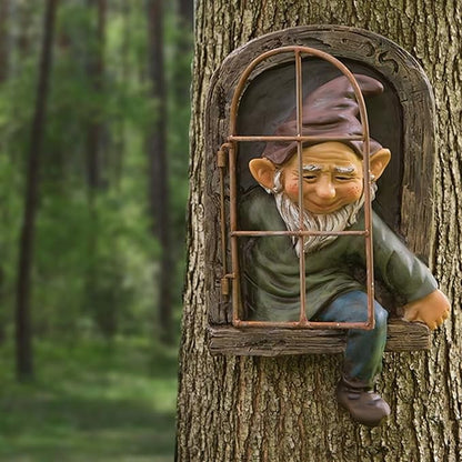 Elf Out The Door Gnome Tree Hugger Statue, Funny Whimsical Garden Peeker Sculpture, Resin Tree Face Decor Outdoor, Hanging Gnome Figurine for Yard Patio Lawn Porch Decoration, 7"x13"