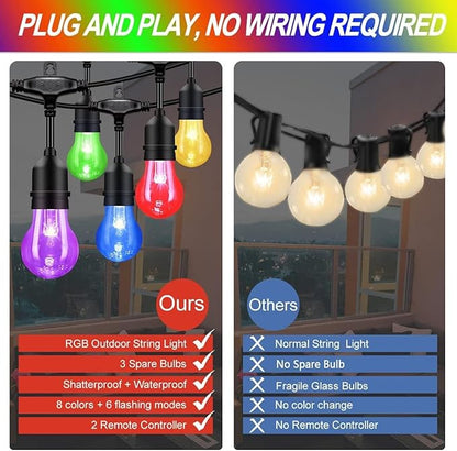 Auroraworld 35FT RGB Outdoor String Lights, Dimmable Color Changing Waterproof LED Patio Lights with Remote & E26 Shatterproof Edison Bulbs for Bistro Backyard Garden Party Decor