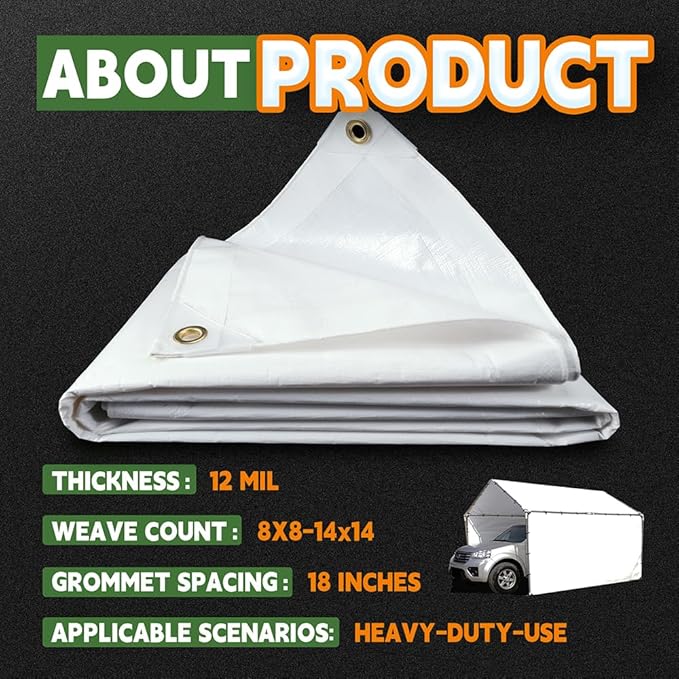 Heavy Duty White Tarps 6' X 8',12 Mil Extra Thick,Durable,Waterproof, UV Resistant, Weatherproof Poly Canopy Tarp,Camping,Carport, (Finished Size)-by Raindeway