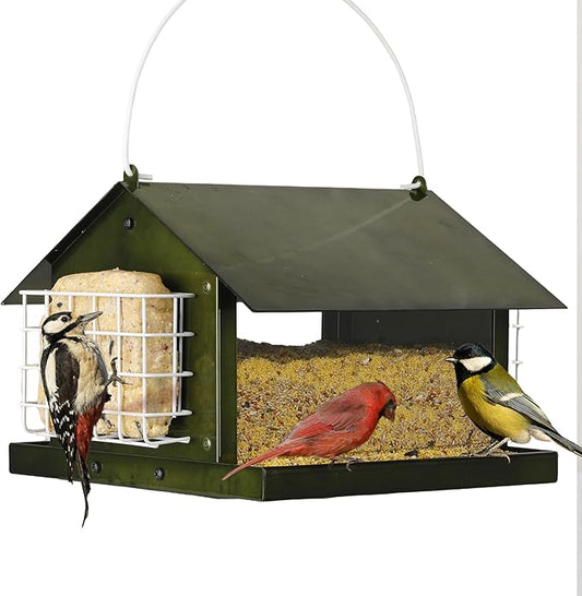 Solution4Patio Green Outdoors Hanging Bird Feeder, All Metal, Double Suet Cake and Large Capacity, Hopper Tray & Weatherproof for Finch, Cardinal & Chickadee #B101E01-US Squirrel-Proof