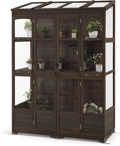 MCombo Wooden Greenhouse, Walk-in Outdoor Greenhouse with Openable Roof and Lockable Door, 0899 (Brown)