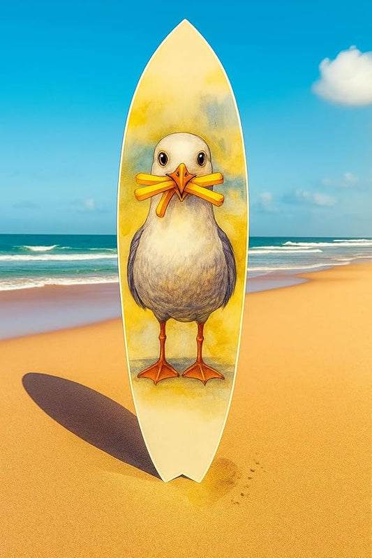 JennyGems Funny Seagull Surfboard Wall Art – Coastal Beach Decor, Seagull with Fries, Outdoor PVC Surfboard Sign (5 Foot)
