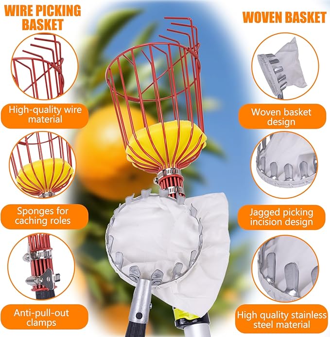 20FT Telescopic Fruit Picker With Wire Basket and Woven Basket,Adjustable Fruit Picker Pole With Basket Telescoping,4.6-20FT Fruit Picker Pole,Suitable For Picking Apples,Mangoes,Plums and Others