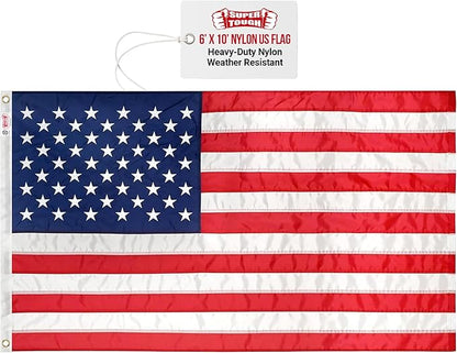 Super Tough 6Ft x 10Ft American Flag - Double Sided, Heavy Duty Nylon USA Flag with Embroidered Stars and Sewn Stripes Suitable for Low Winds - Red/White/Blue