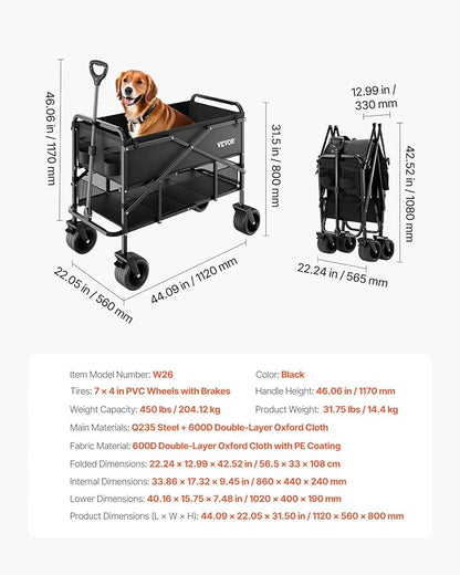 VEVOR 400L/450lbs Large Collapsible Double Decker Wagon, Foldable Heavy Duty Beach Wagon Cart with Big Wheels for Sand, Folding Utility Sports Cart for Camping Garden