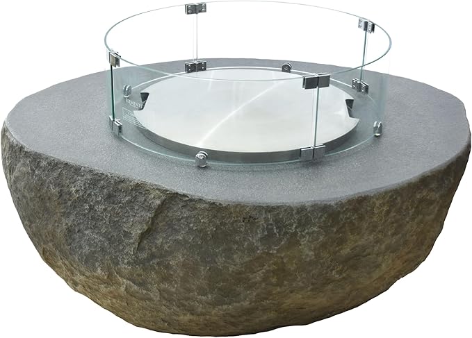 Elementi | Bundle Boulder Gas Fire Pit Cast Concrete Semi-Round Fire Table, Outdoor Fire Pit Electronic Ignition | Canvas Cover, Lava Rock Included | Natural Gas