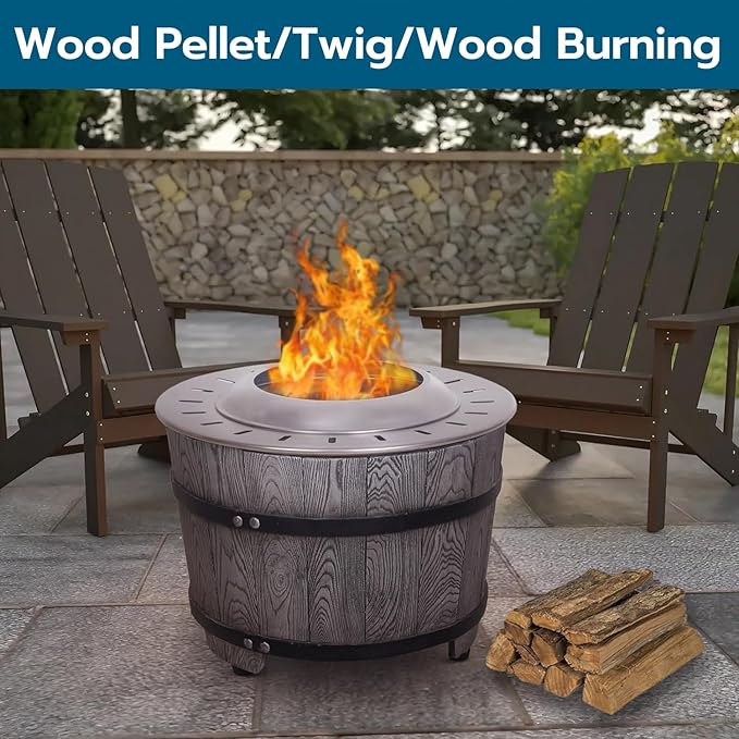 Afterglow Smokeless Fire Pit, 20.5" Round Wood Burning Stainless Steel Top and TerraFab Material Base,Firepit with Weather Cover Perfect for Outdoor Patio Garden, Wood Grain Gray