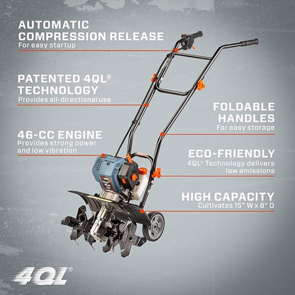 SENIX 4QL 4-Cycle Gas Powered Tiller Cultivator, 46cc Full Crank Engine, 15-Inch Tilling Width, 8-Inch Tilling Depth, Easy Start, Foldable Handles for Compact Storage (TL4QL-L1)