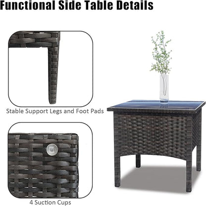 Outdoor PE Rattan Side Table, Modern Wicker Coffee End Table with Glass Top for Yard, Balcony, Garden or Livingroom, Brown