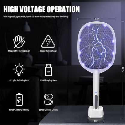 Lulu Home 2-in-1 Electric Bug Zapper Racket, 2 Pack 3000V High Voltage LED Lighted Handheld Mosquito Swatter with 3 Layer Safety Mesh, USB Charging Portable Fly Killer Racquet