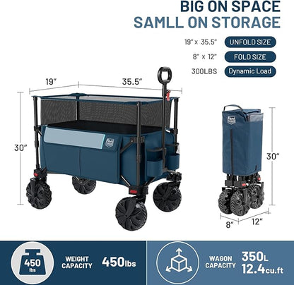 TIMBER RIDGE Foldable Wagon 350L Extendable Height, Large Capasity Collapsible Wagon Cart with All Terrians Detachable Wheels, Compact Folding Utility Wagon for Camping, Fishing, Shopping Navy
