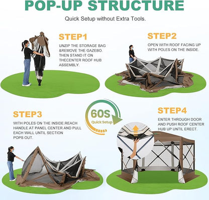 COBIZI 12x12 pop up Gazebo on Clearance Screen Tent for Camping,Scalable Sesign Outdoor Canopy Tent with Extension Support Poles & sidewalls,with Portable Carrying Bag and Ground Stakes,Brown