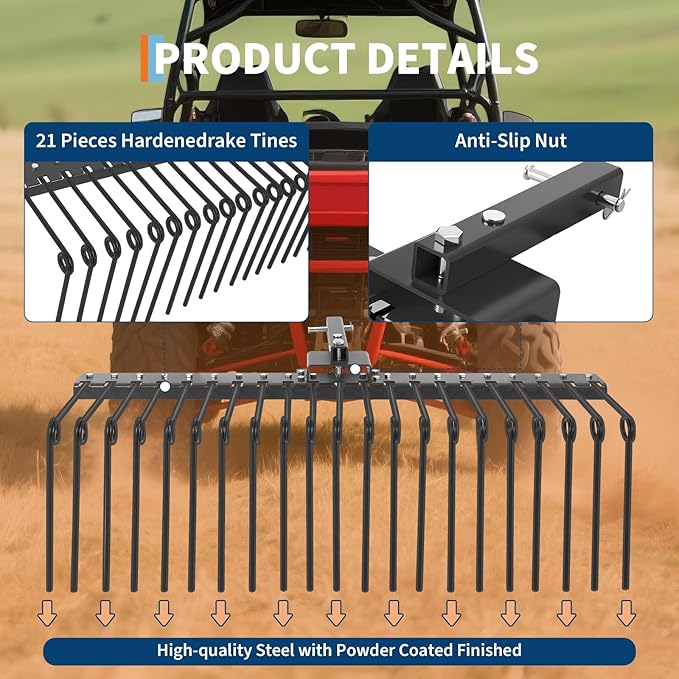 Pine Straw Rake, 60 Inch Landscape Rake for 2" Receiver, Fits Lawn Tractors & ATV/UTV | Heavy-Duty Powder Coated Steel Construction | Yellow