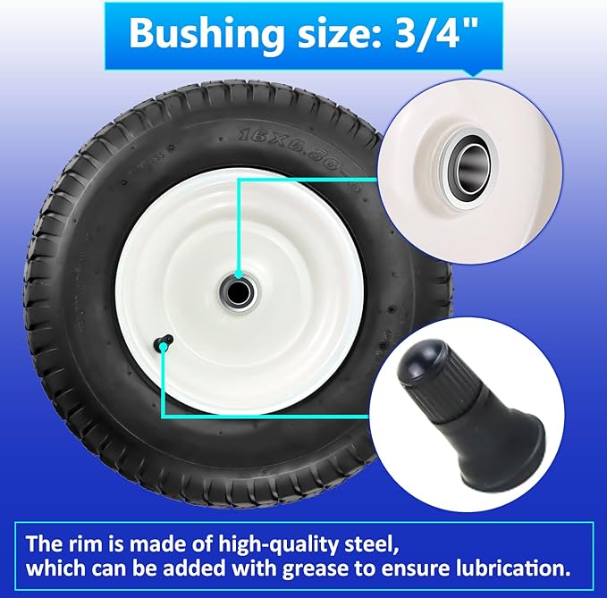 Cenipar 16x6.50-8" Lawn Mower Tire and Wheel with 3/4" Iron Bushing, 3" Offset Hub 4 Ply Heavy Duty Replacement for Craftsman Mower, Garden Lawn Tractors (2-Pack)