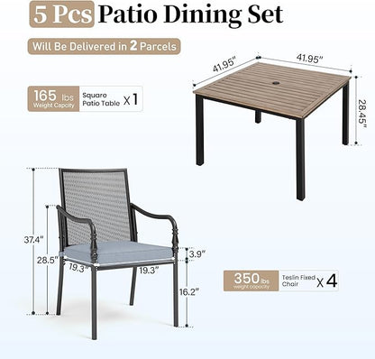 Patio Table and Chairs Set of 4, All-Weather Breathable Metal Mesh Patio Chair with Gourd-Shaped Armrests, 42x42 Wood-Like Table with Umbrella Hole, 5 Pcs Metal Frame Patio Dining Set
