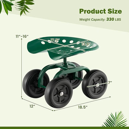 Rolling Garden Seat, Garden Cart with 360° Swivel Work Seat & Adjustable Height, Heavy Duty Garden Seat with Wheels for Lawn Yard Patio Greenhouse Planting Cleaning (Green)