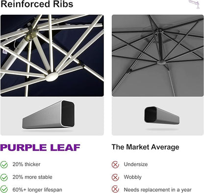 PURPLE LEAF 11 Feet Double Top Deluxe Solar Powered LED Square Patio Umbrella Offset Hanging Umbrella Outdoor Market Umbrella Garden Umbrella, Navy Blue