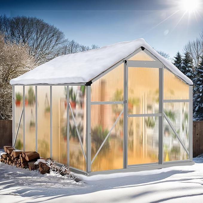 VINGLI 6x10FT Heavy Duty Polycarbonate Greenhouse with 5 Roof Vents, Aluminum Sliding Door, Silver