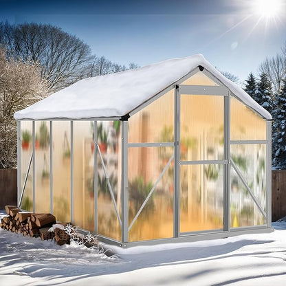 VINGLI 6x10FT Heavy Duty Polycarbonate Greenhouse with 5 Roof Vents, Aluminum Sliding Door, Silver