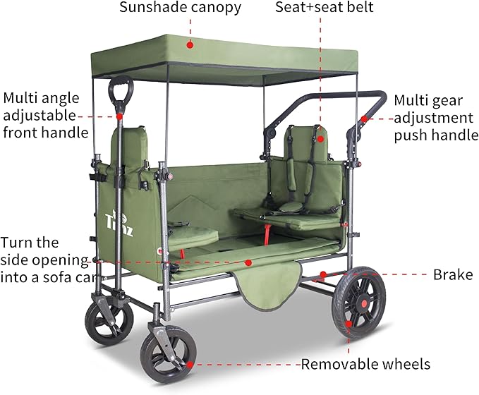 TMZ Collapsible Wagon Cart with Side-Opening Seat Conversion Design, Foldable Utility Wagon with 2 Seats, Heavy Duty Wagon 265 lbs Load Capacity (Green)