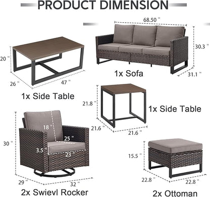 7 Piece Wicker Patio Furniture Set - Outdoor Swivel Rocker Chairs Set with Coffee Table, Side Table, 3 Seat Sofa & Ottomans, Small Patio Conversation Sets for Balcony Deck - Brown/Grey