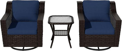 Vista Vibe 3 Pieces Outdoor Patio Conversation Furniture Set - 360 Degree Swivel Glider Rocker Chairs | Wicker End Table, Washable Cushions, Hand-Woven PE Rattan, Lawn, Sunroom (Brown/Navy)