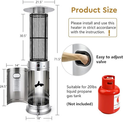 COSTWAY Outdoor Propane Patio Heater, 40,000 BTU Propane Heater with Dancing Flame, Portable Wheels, Stainless Steel Pyramid Floor-Standing Outdoor Heater for Balcony Backyard Garden, Silver