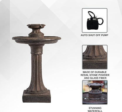 XBrand 28" Tiered Freestanding Classic Bird Bath Outdoor Water Fountain w/Auto Shut-Off Pump, Brown
