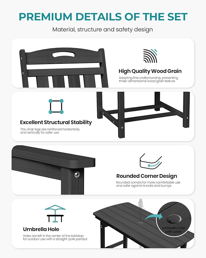 HDPE Outdoor Patio Dining Set with Table & 6 Chairs, All-Weather 7-Piece Outdoor Table and Chairs, 2" Umbrella Hole, Patio Furniture for Garden, Backyard, Deck | Matte Black