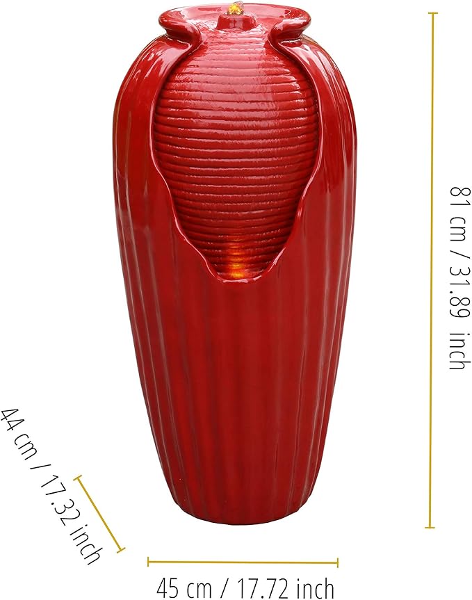 Teamson Home Glazed Vase Floor Freestanding Water Fountain with LED Lights and Pump for Outdoor Patio Backyard Deck Plant Garden Décor, 32 Inch Height, Red