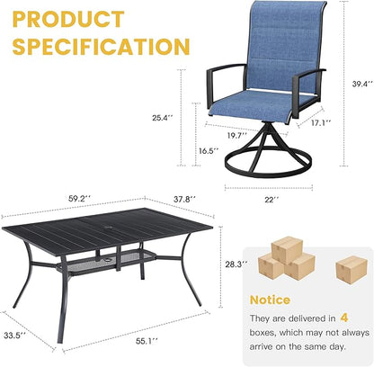 VICLLAX 7 Pieces Patio Dining Set for 6-59" Rectangle Patio Table and 6 Outdoor Swivel Padded Chairs, Black Tabletop and Blue Fabric
