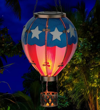 Regal Art & Gift Hot Air Balloon Solar Lantern – Hanging Solar-Powered LED Lights, Waterproof Portable Decorative Outdoor Lamp Made of Metal & Glass for Garden, Patios & Pathway – Americana (Large)
