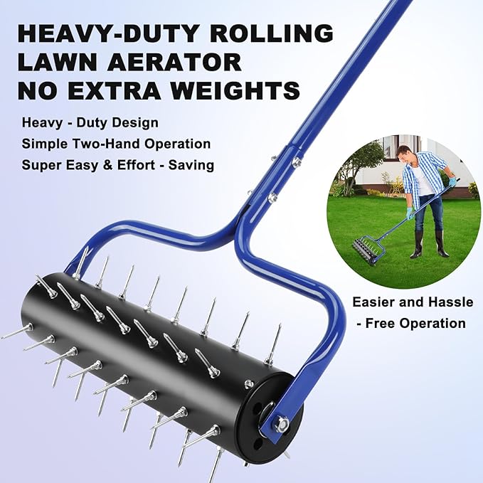 Rolling Lawn Aerator, 21" Pre-Assembled Aerator Lawn Tool, Heavy-Duty Grass Aerator with 45 Spikes, 75" Adjustable Handle Lawn Spike Aerator Roller – Yard Aerator for Lawn Care, Blue