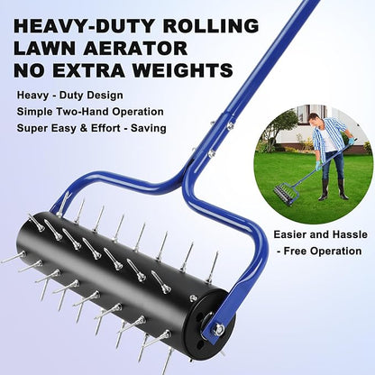 Rolling Lawn Aerator, 21" Pre-Assembled Aerator Lawn Tool, Heavy-Duty Grass Aerator with 45 Spikes, 75" Adjustable Handle Lawn Spike Aerator Roller – Yard Aerator for Lawn Care, Blue